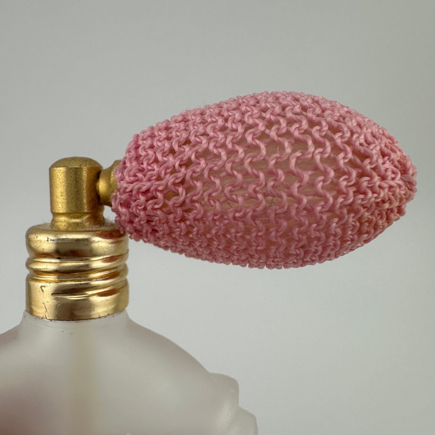 Vintage Perfume Bottle, Miniature, Pink Atomizer Bulb, White Frosted Glass.