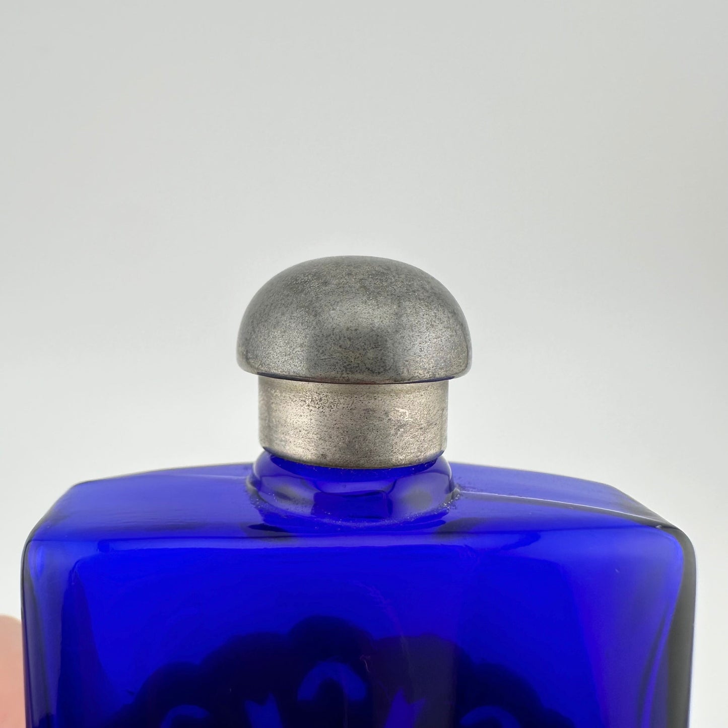 Vintage Perfume Bottle, Cobalt Blue Glass, Silver Filigree, First Impressions, Art Nouveau.