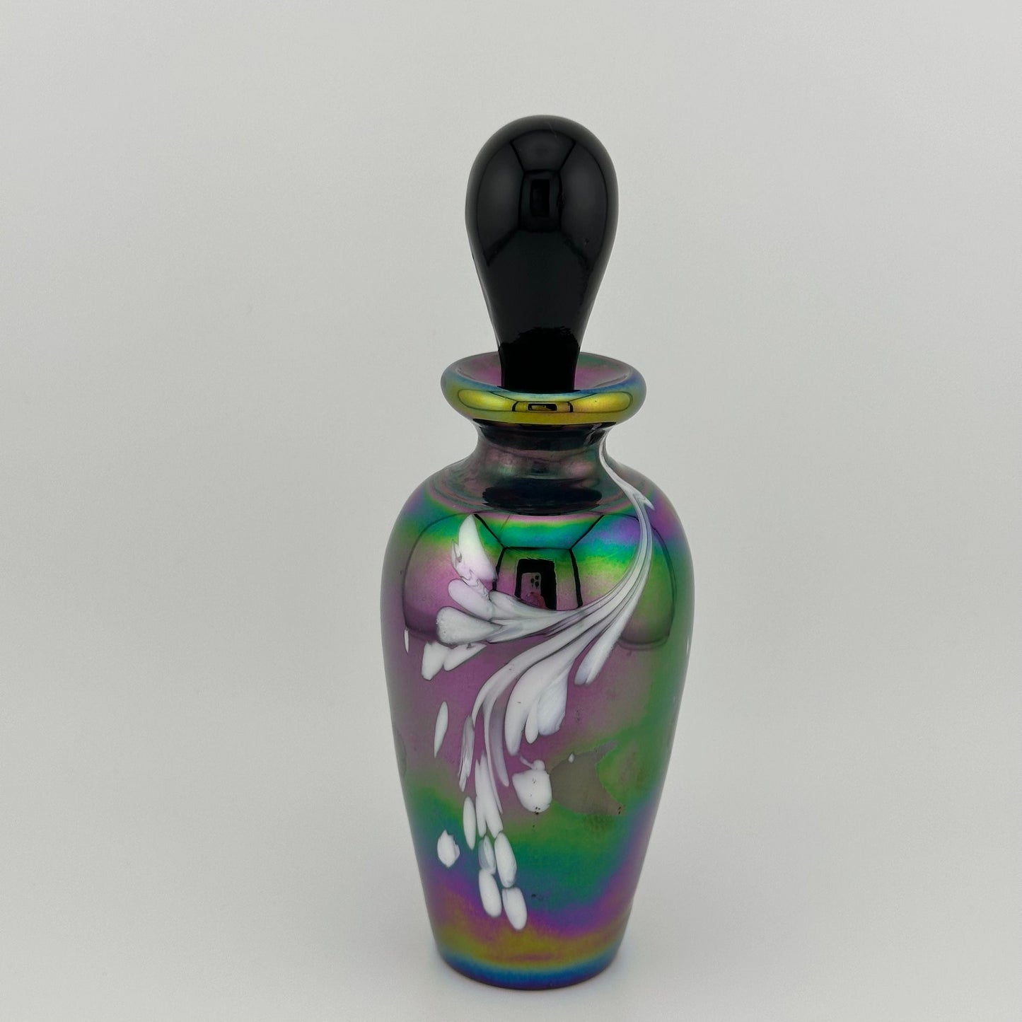 Vintage Perfume Bottle, Iridescent Carnival Glass with Opalescent Design.