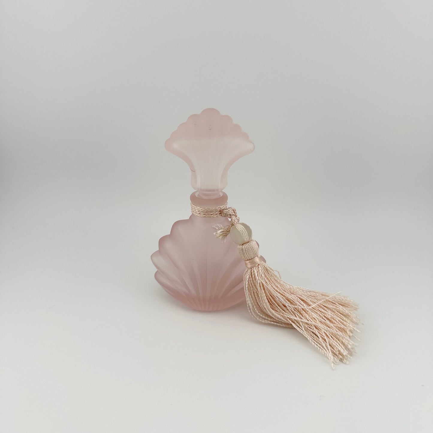 Vintage Perfume Bottle, Pink Frosted Glass, Seashell Style with Pink Fringe.