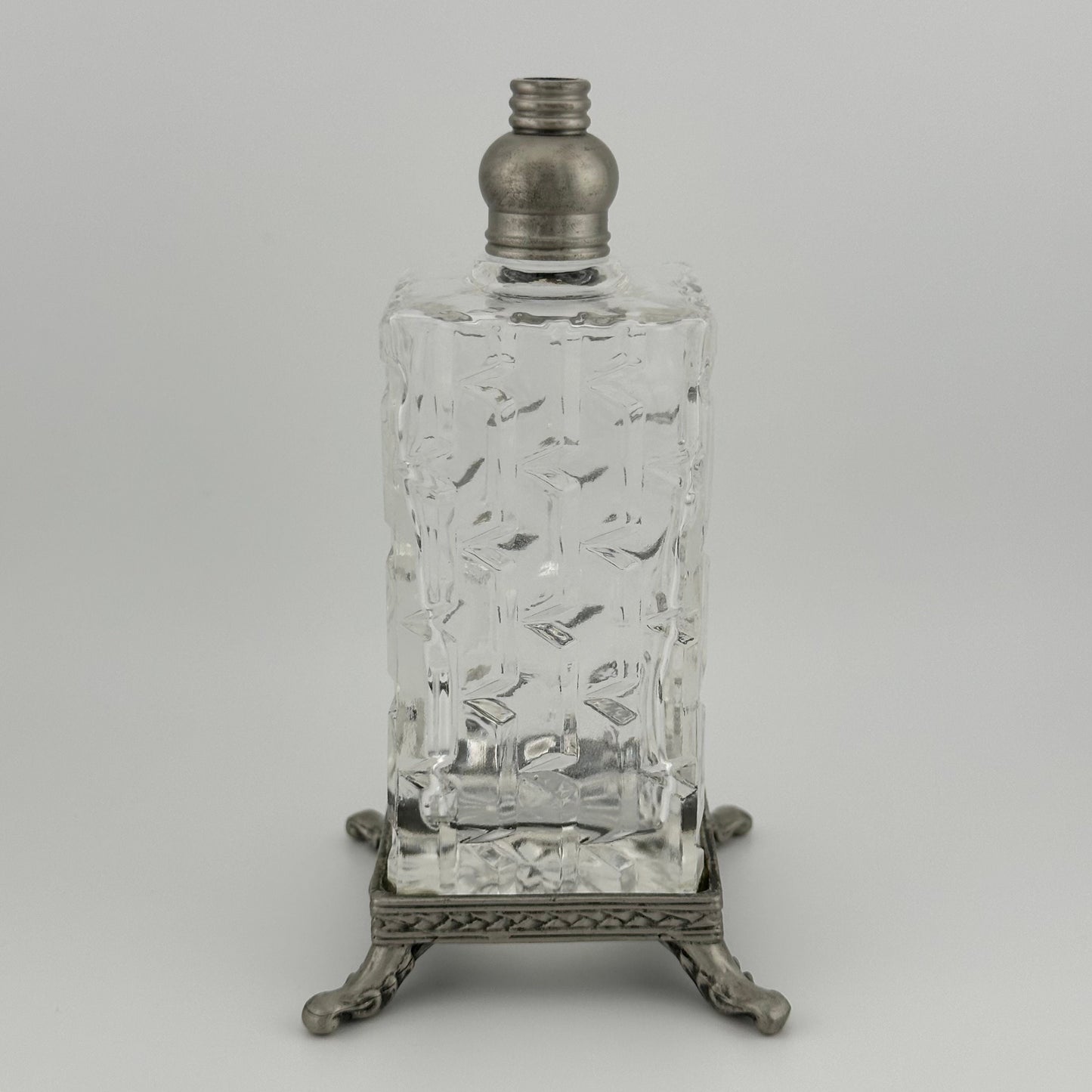 Vintage Perfume Bottle, Clear Cut Glass, Footed Base, Silver Tone Dabber.