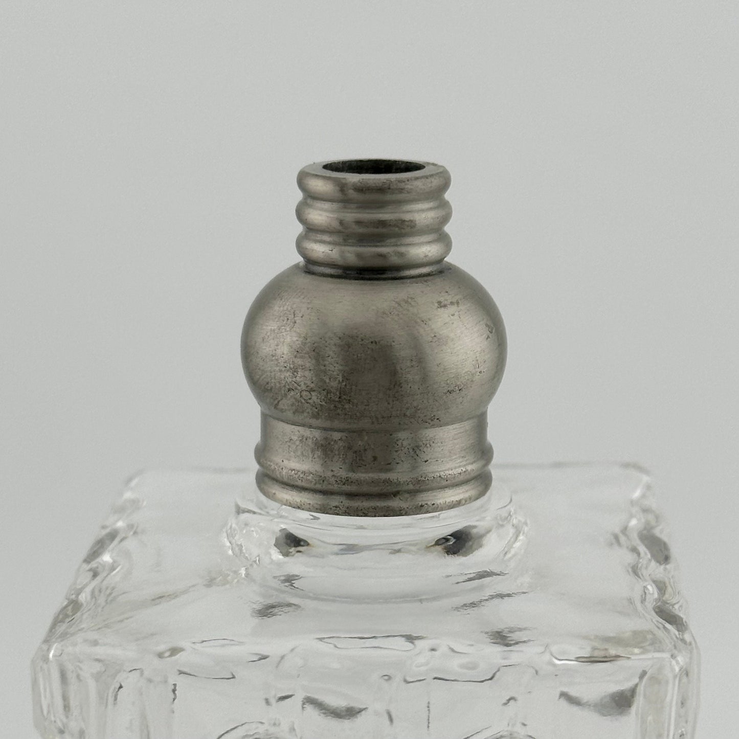 Vintage Perfume Bottle, Clear Cut Glass, Footed Base, Silver Tone Dabber.