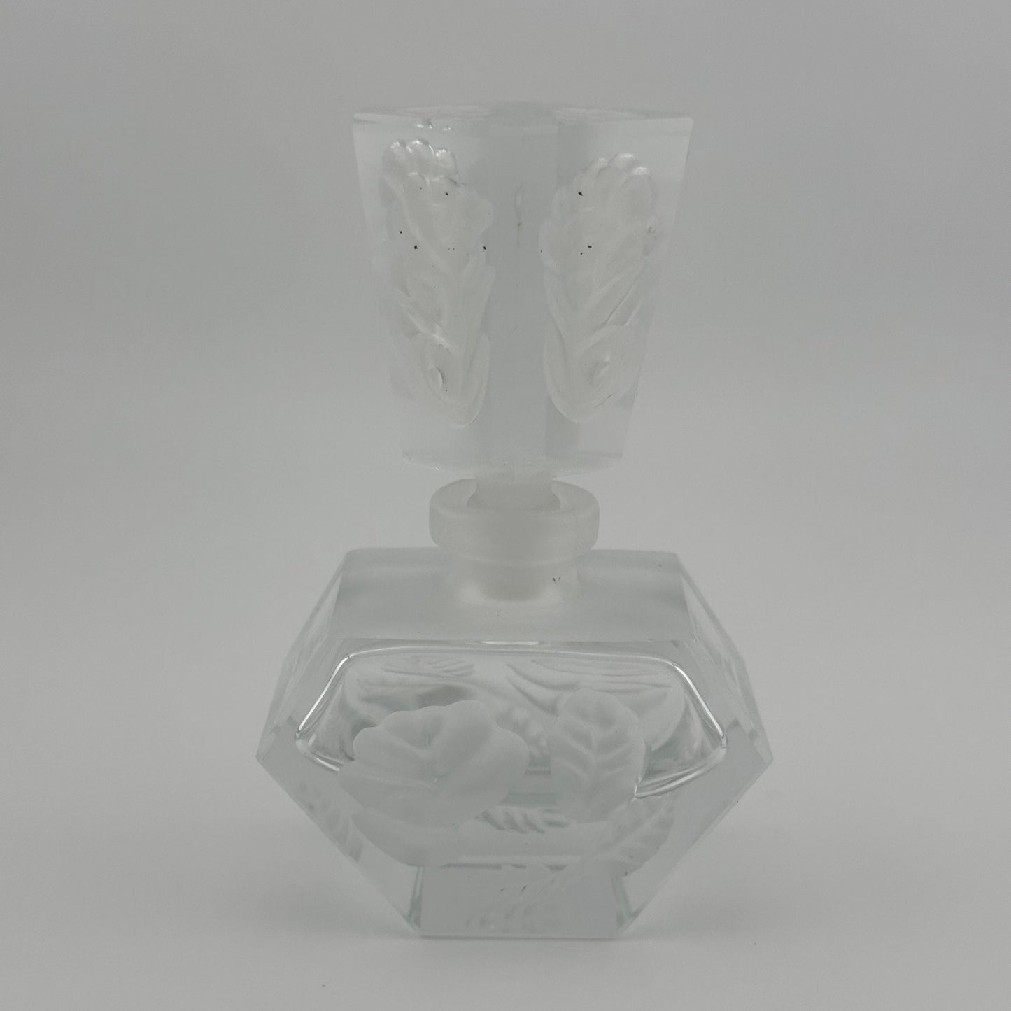 Vintage Perfume Bottle, Heavy Clear Glass with Etched Floral Design.