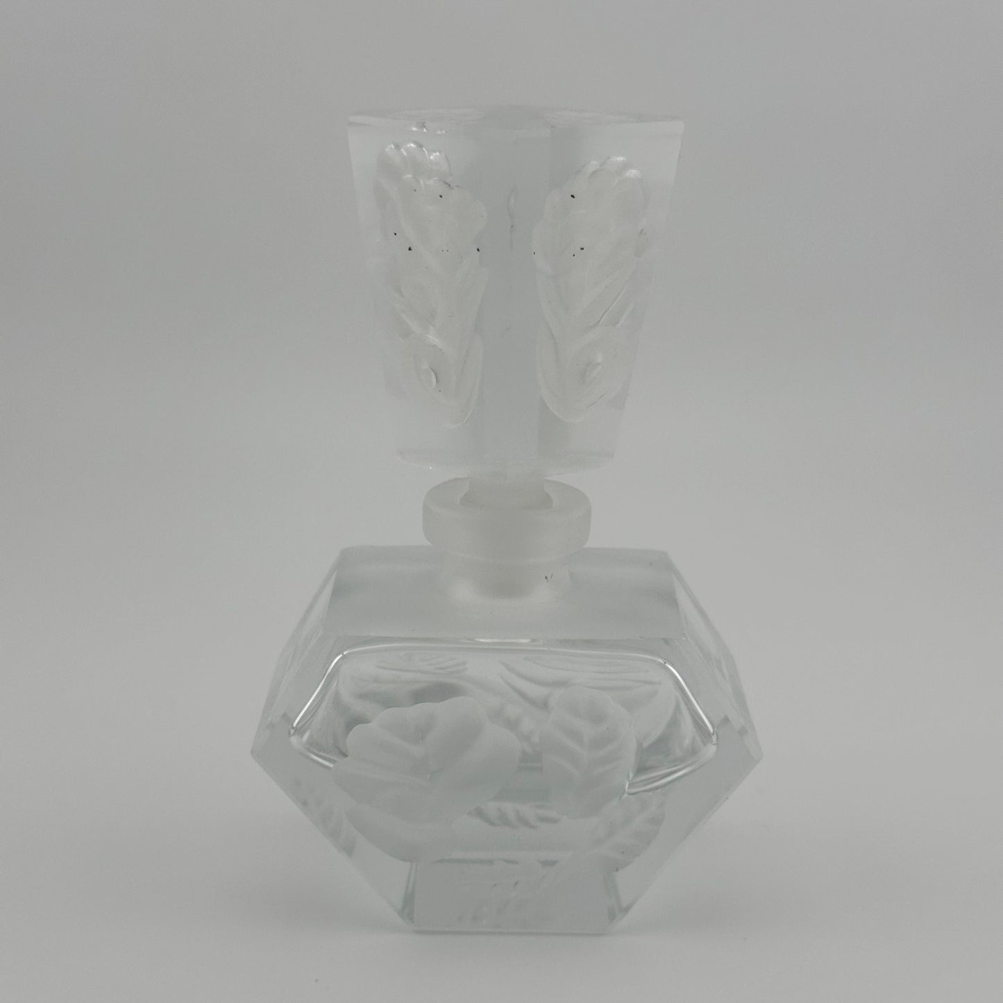 Vintage Perfume Bottle, Heavy Clear Glass with Etched Floral Design.