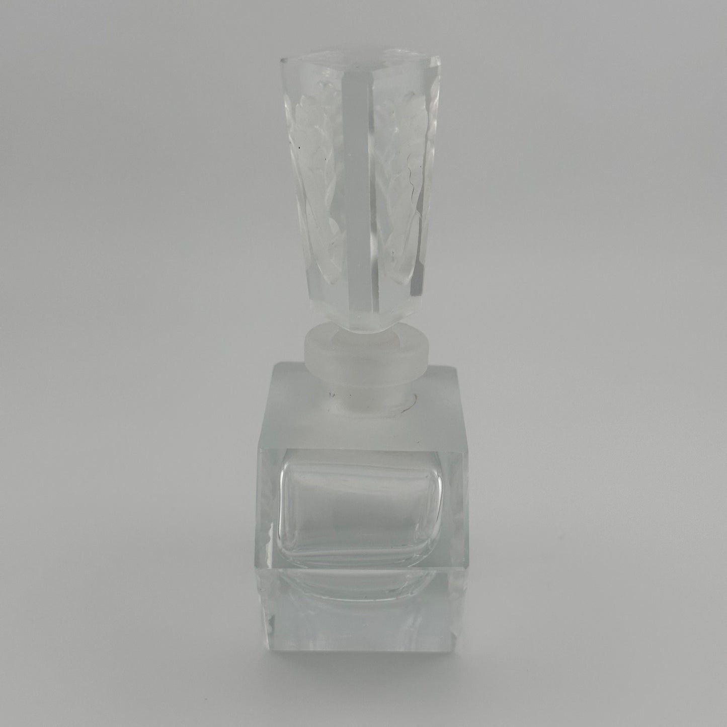 Vintage Perfume Bottle, Heavy Clear Glass with Etched Floral Design.