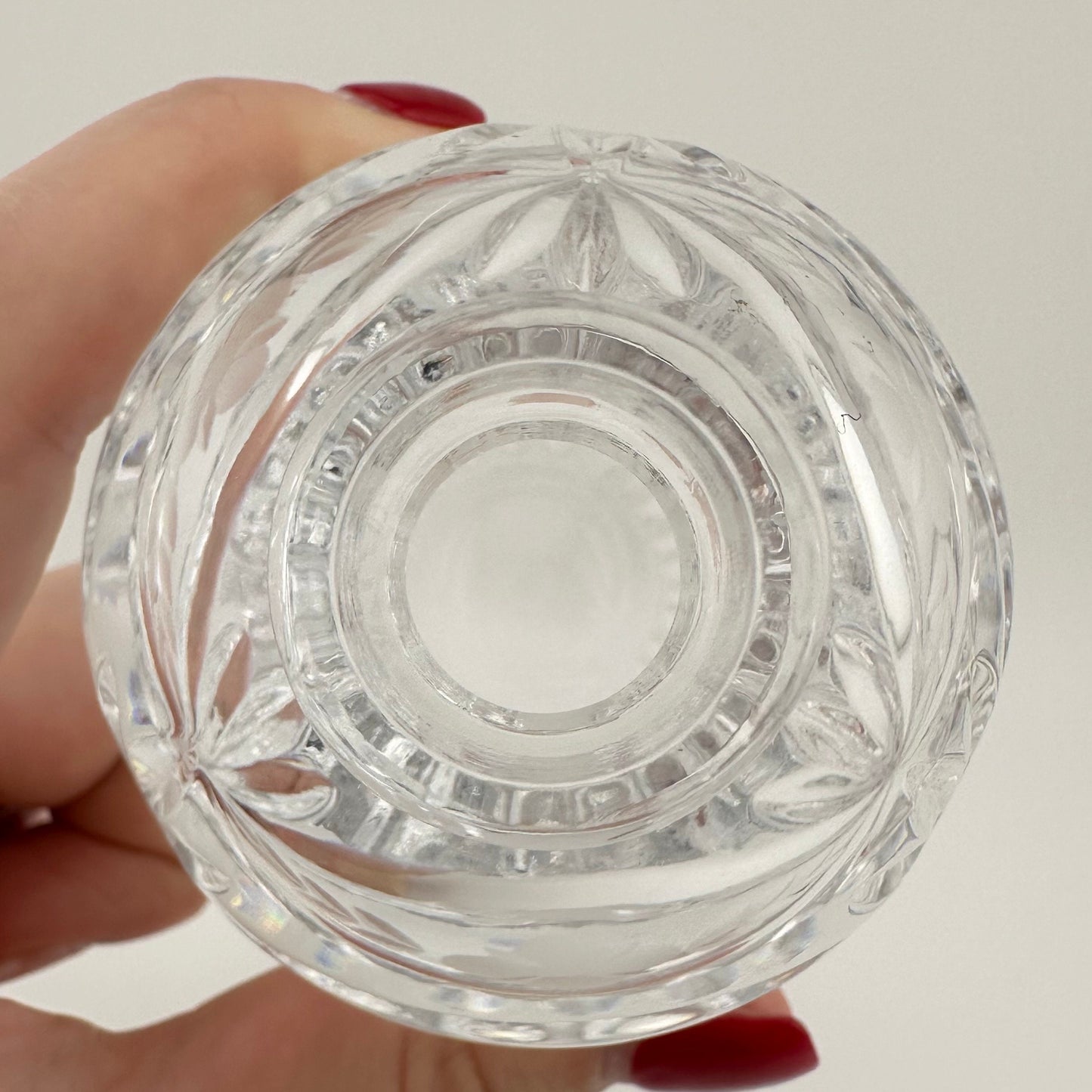Vintage Perfume Bottle, Crystal, Etched Floral Design, Cut Glass, With Stopper.