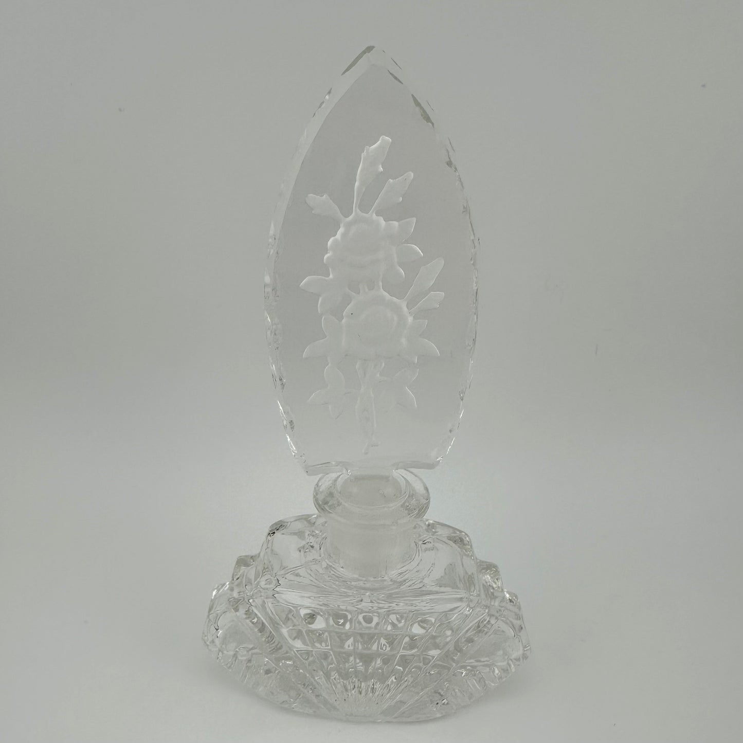 Vintage Perfume Bottle, Czechoslovakia Glass, Etched Floral Stopper.