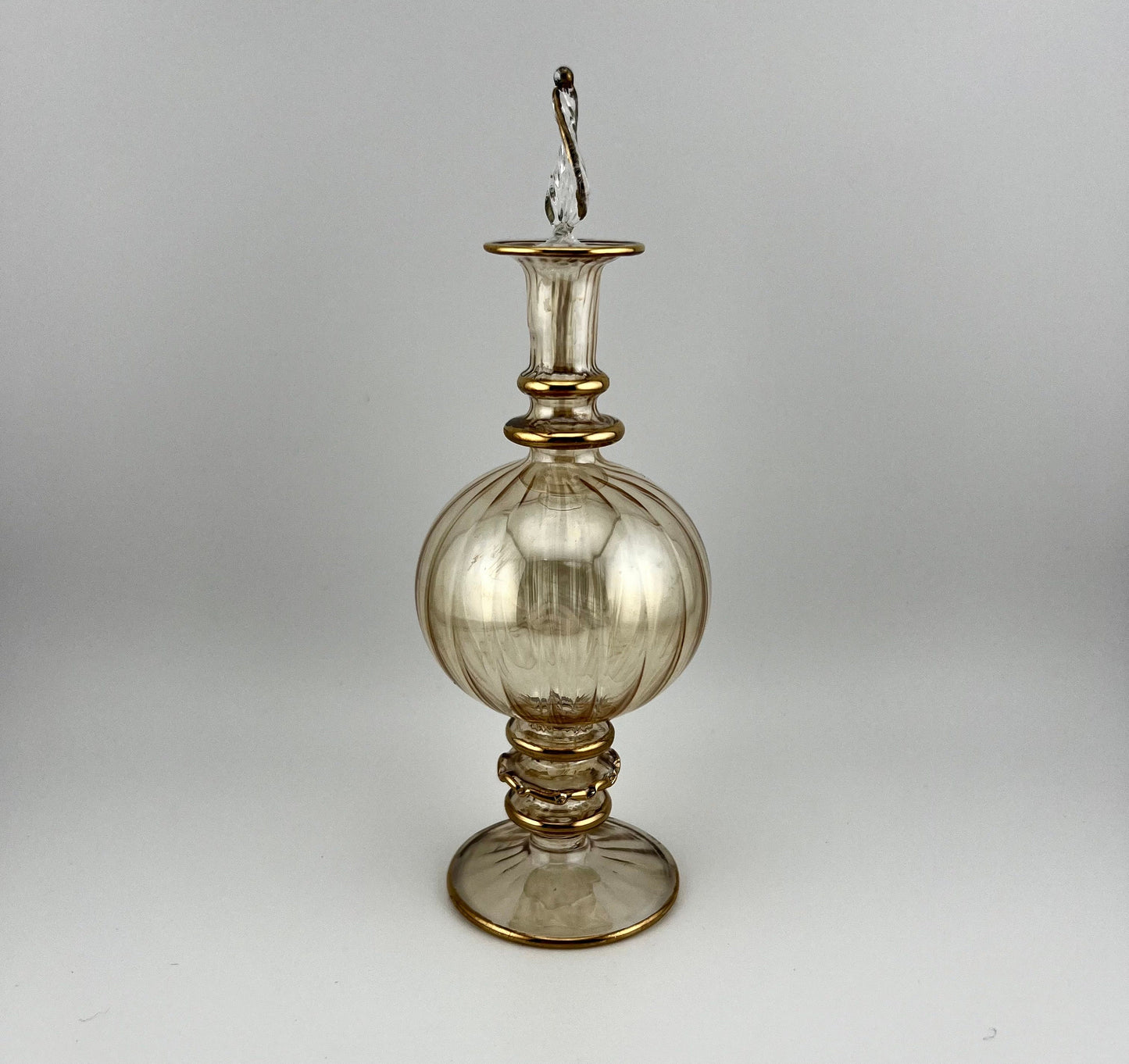 Vintage Perfume Bottle, Yellow Iridescent Hand Painted Glass with Gilded Dauber.