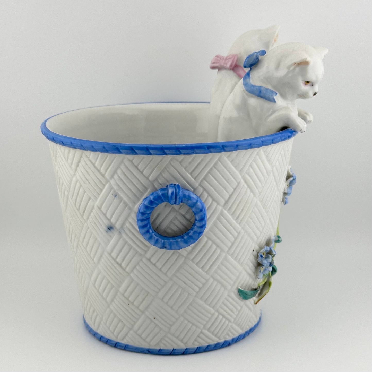 Vintage Planter, Cats in Floral Basket, White Porcelain, German.
