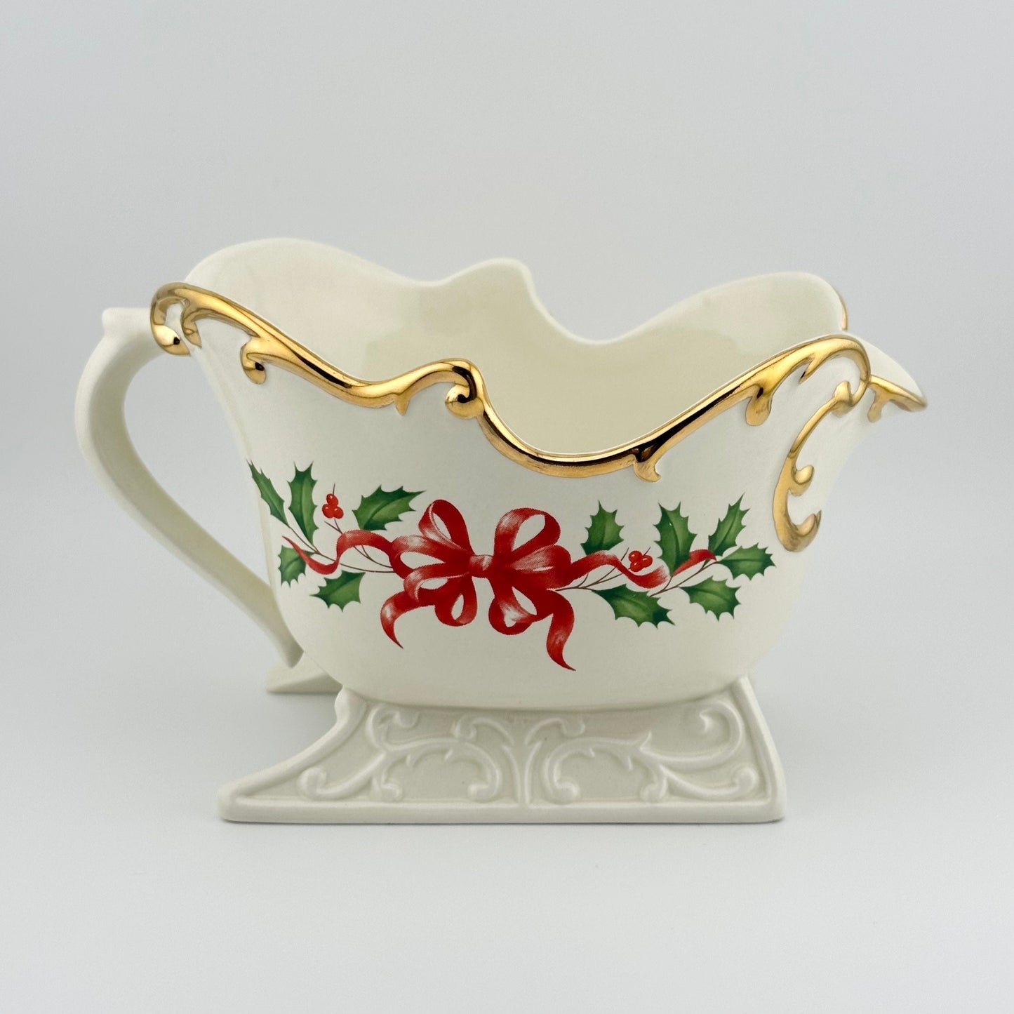 Vintage Holiday Creamer & Sugar Bowl Set Shaped Like a Sleigh By Lenox