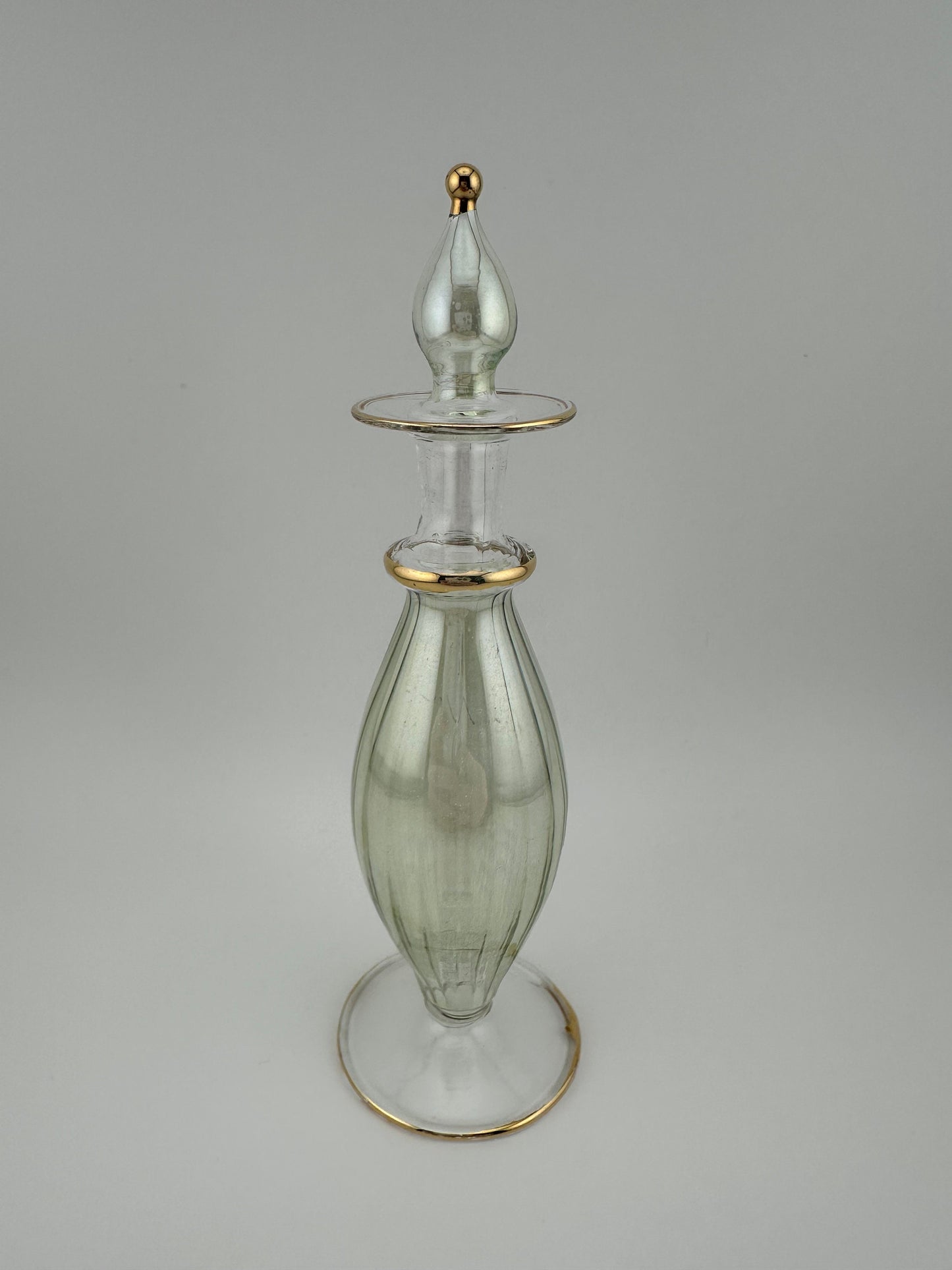Vintage Perfume Bottle, Pale Green Glass, Hand Painted with Glass Dauber.