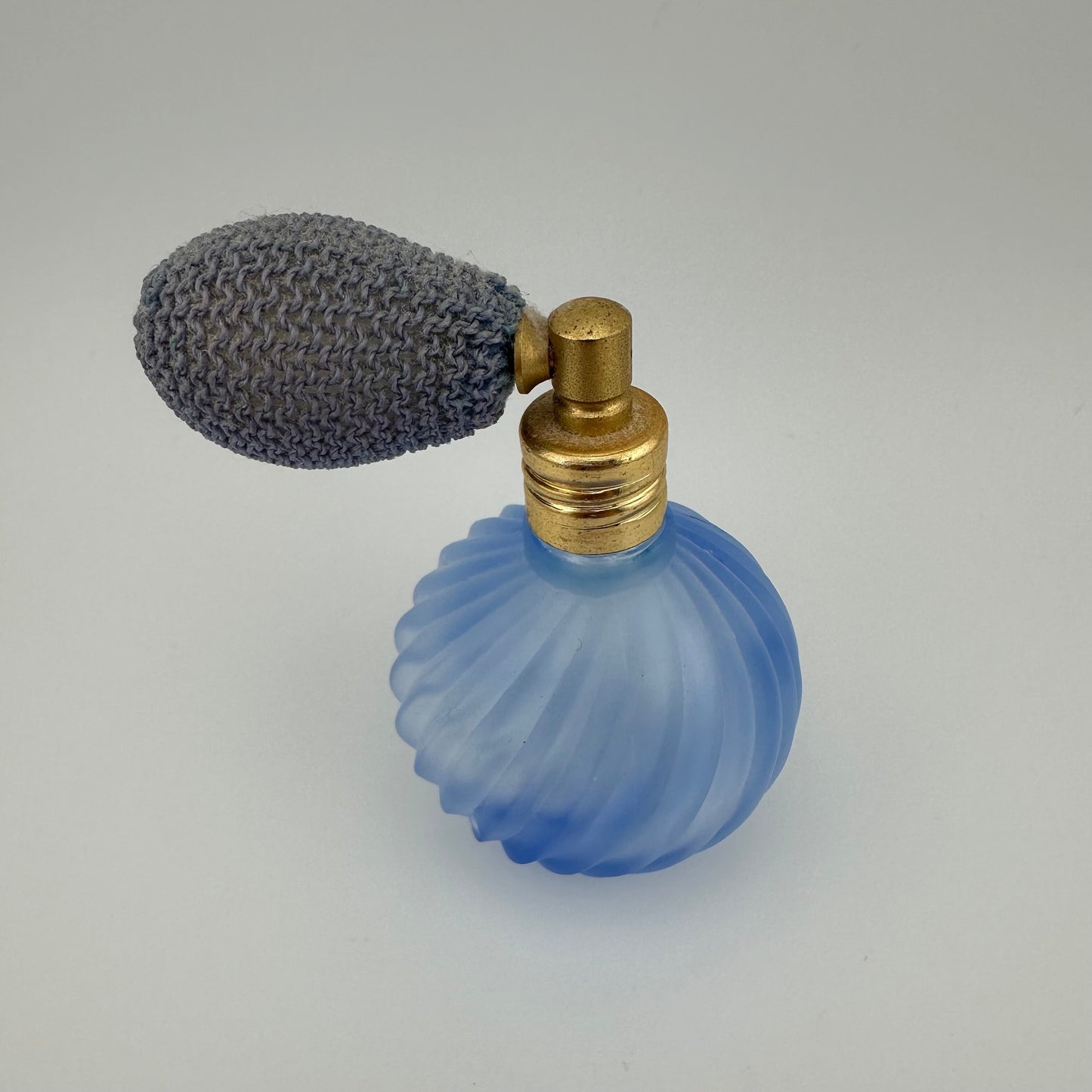 Vintage Perfume Bottle, Miniature, Blue Atomizer Bulb, Blue Frosted Glass, Twist Design.
