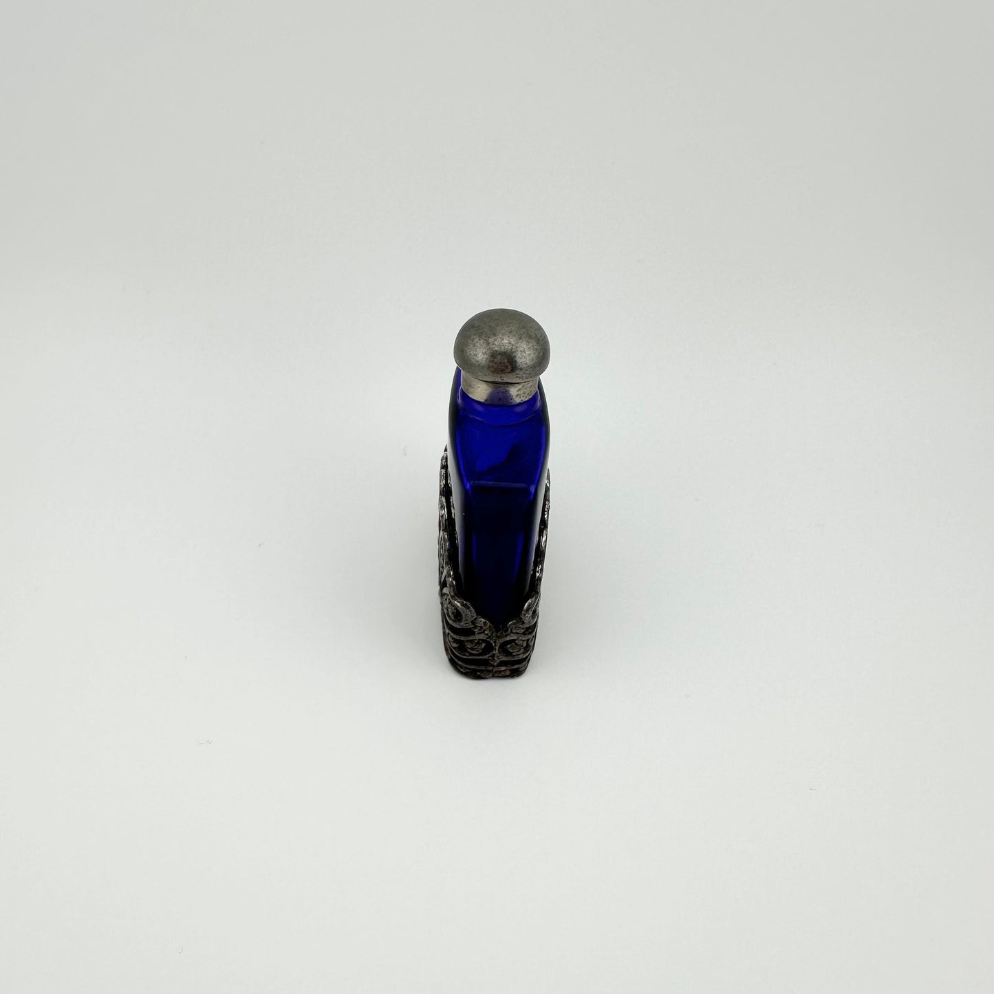 Vintage Perfume Bottle, Cobalt Blue Glass, Silver Filigree, First Impressions, Art Nouveau.