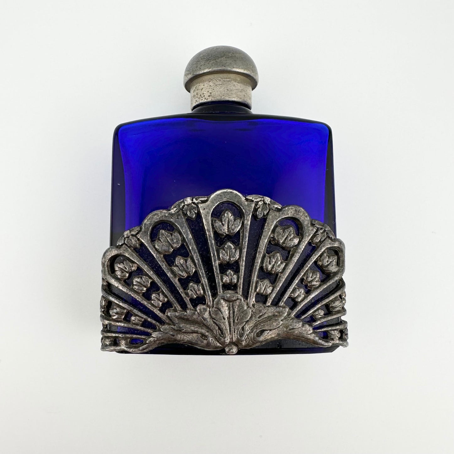 Vintage Perfume Bottle, Cobalt Blue Glass, Silver Filigree, First Impressions, Art Nouveau.