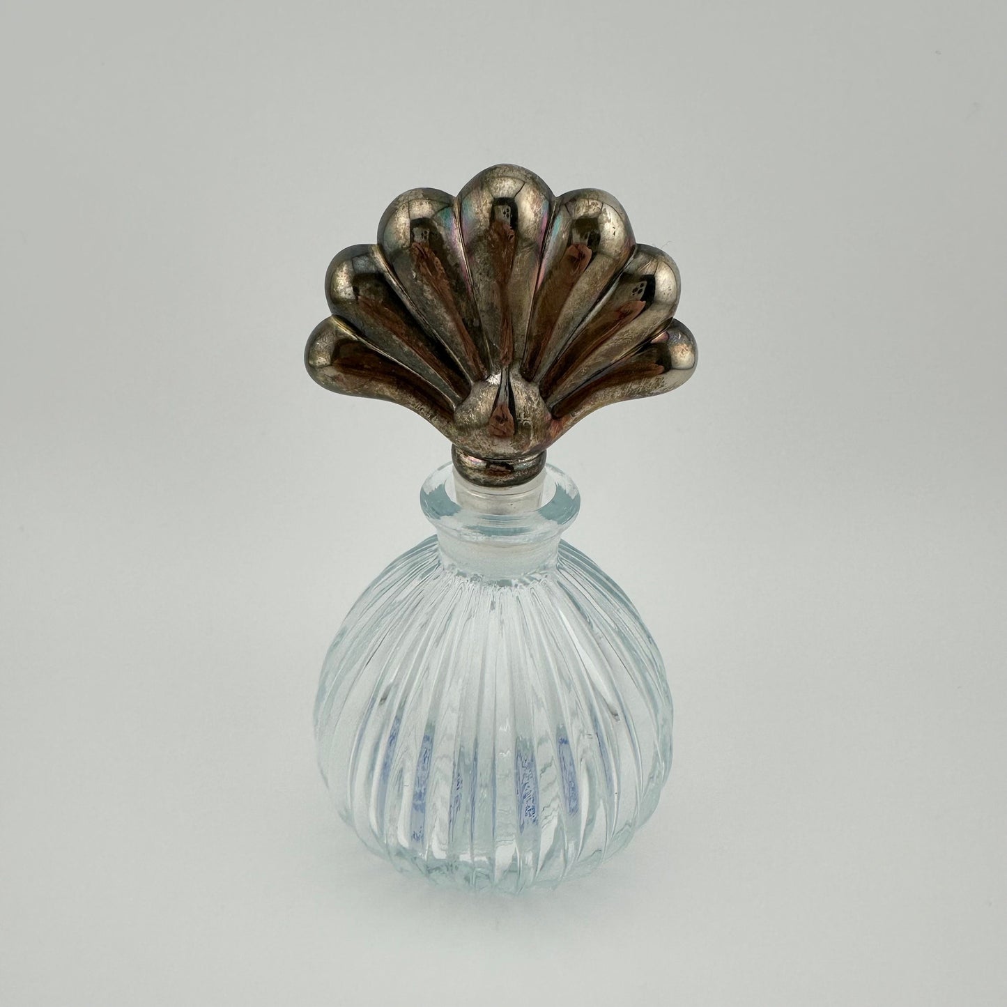 Vintage Perfume Bottle, Silverplated Shell Top, Clear Glass, Made by International Silver Company.