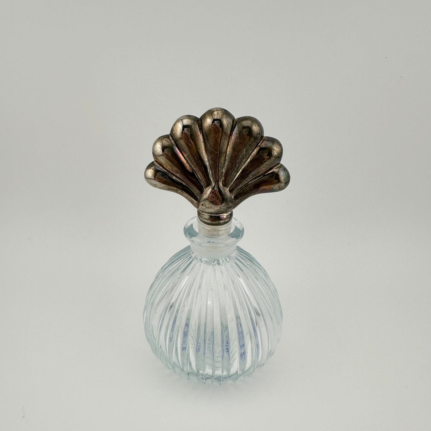 Vintage Perfume Bottle, Silverplated Shell Top, Clear Glass, Made by International Silver Company.