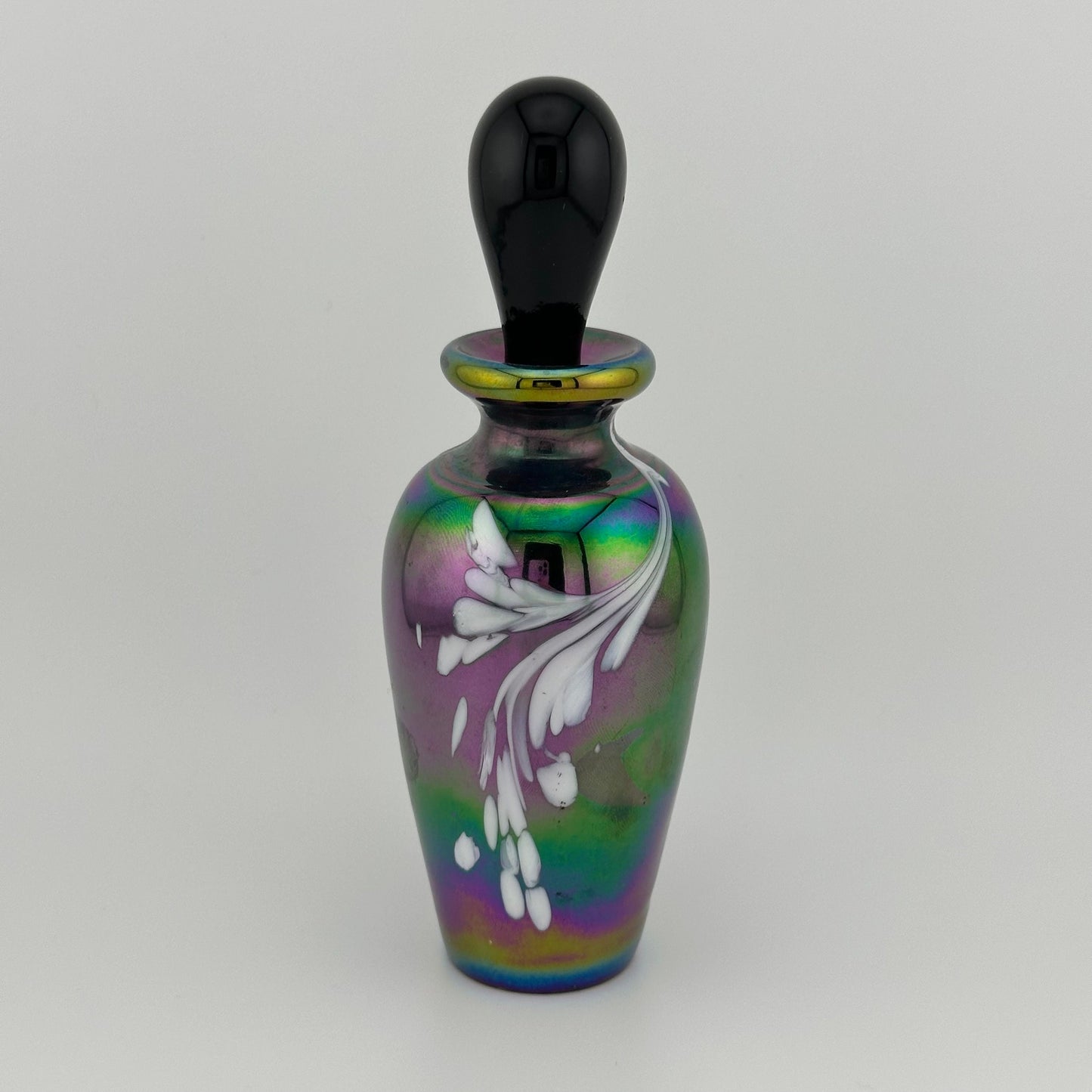 Vintage Perfume Bottle, Iridescent Carnival Glass with Opalescent Design.