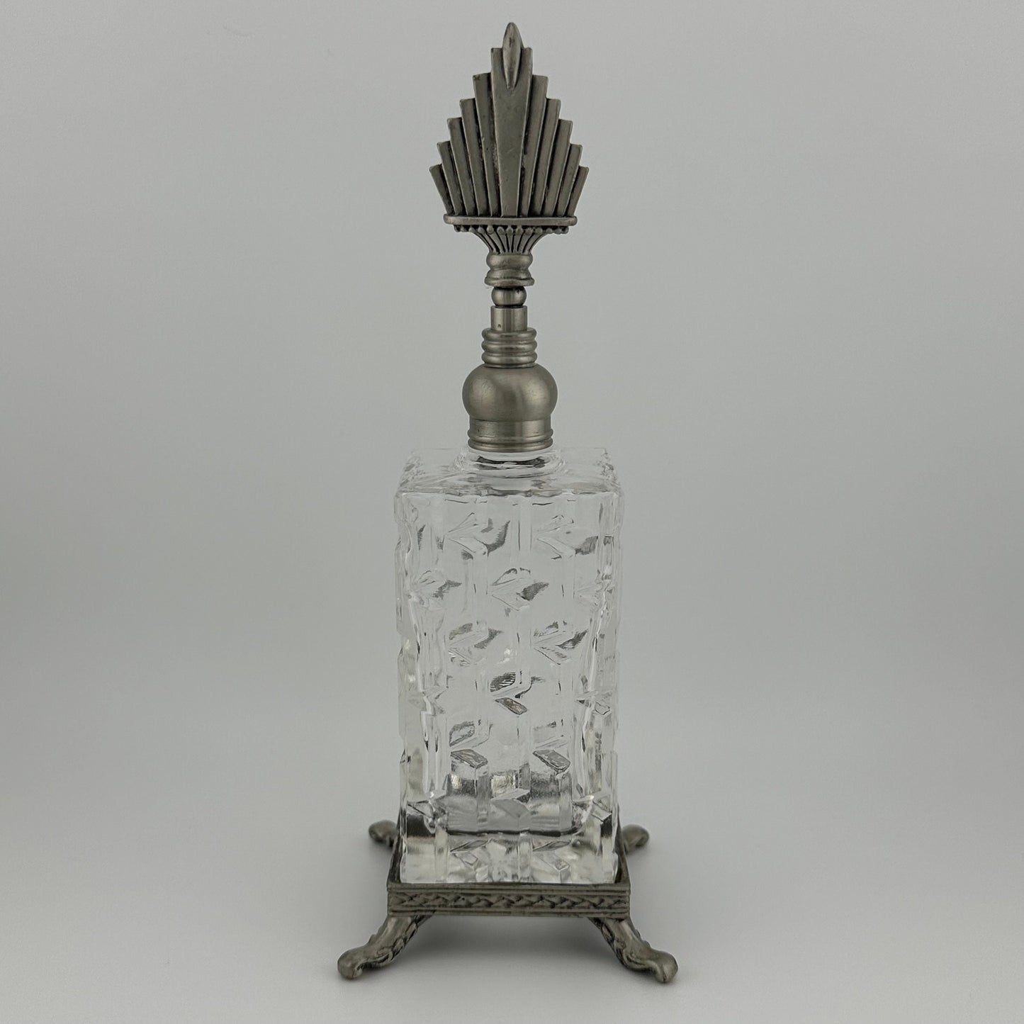 Vintage Perfume Bottle, Clear Cut Glass, Footed Base, Silver Tone Dabber.