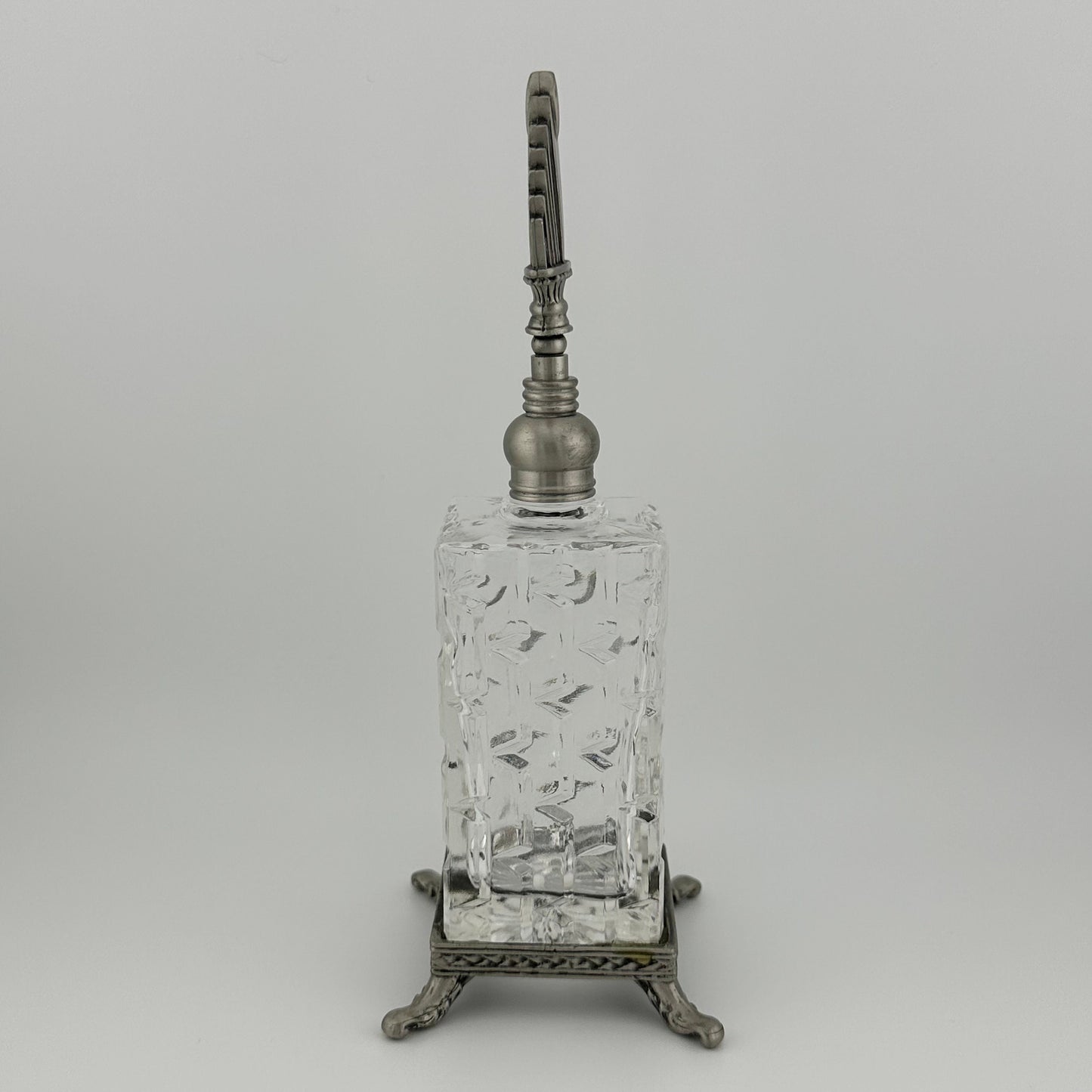 Vintage Perfume Bottle, Clear Cut Glass, Footed Base, Silver Tone Dabber.