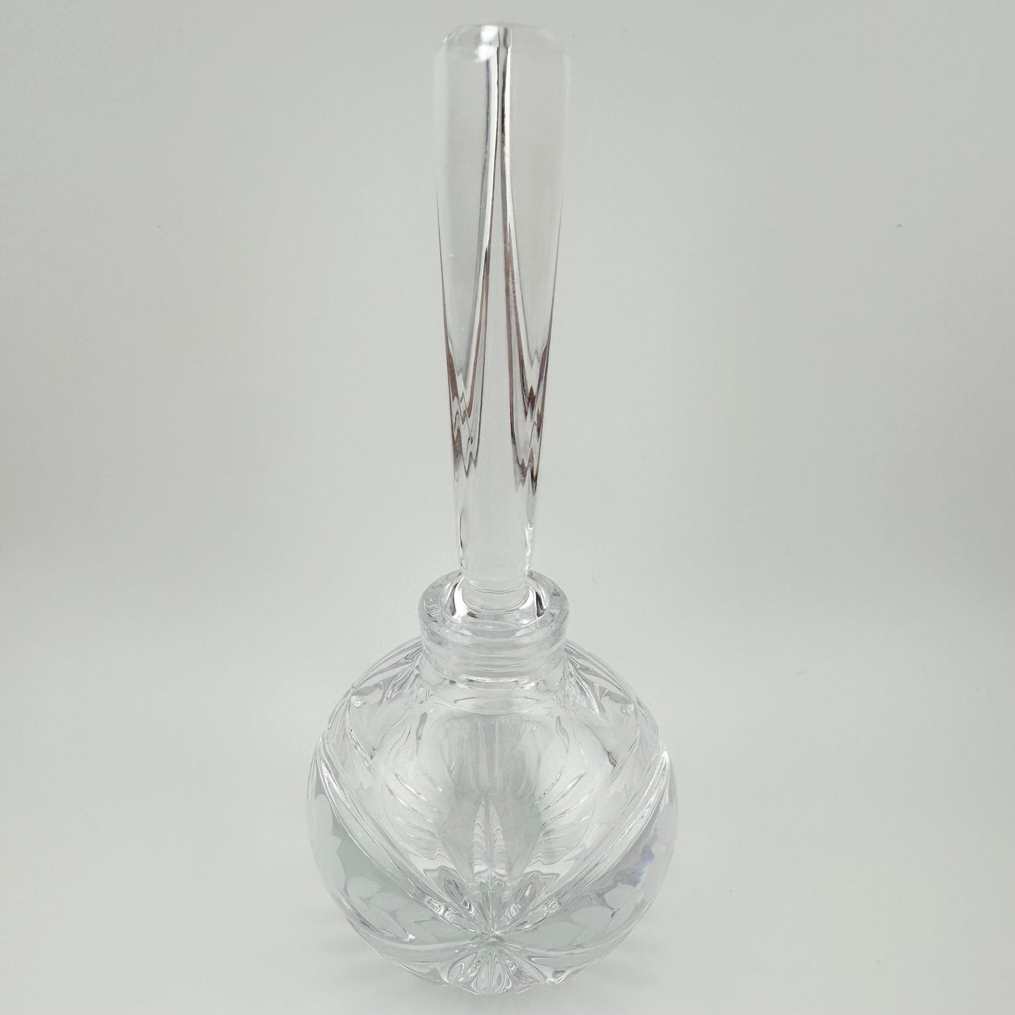 Vintage Perfume Bottle, Crystal, Etched Floral Design, Cut Glass, With Stopper.