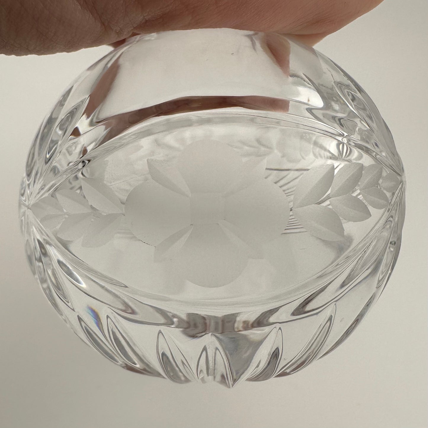 Vintage Perfume Bottle, Crystal, Etched Floral Design, Cut Glass, With Stopper.