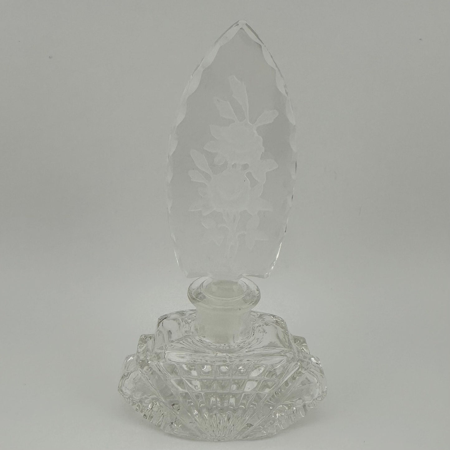 Vintage Perfume Bottle, Czechoslovakia Glass, Etched Floral Stopper.