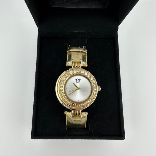 Vintage Elizabeth Taylor White Diamonds Gold Tone Watch with Faux Leather Strap.