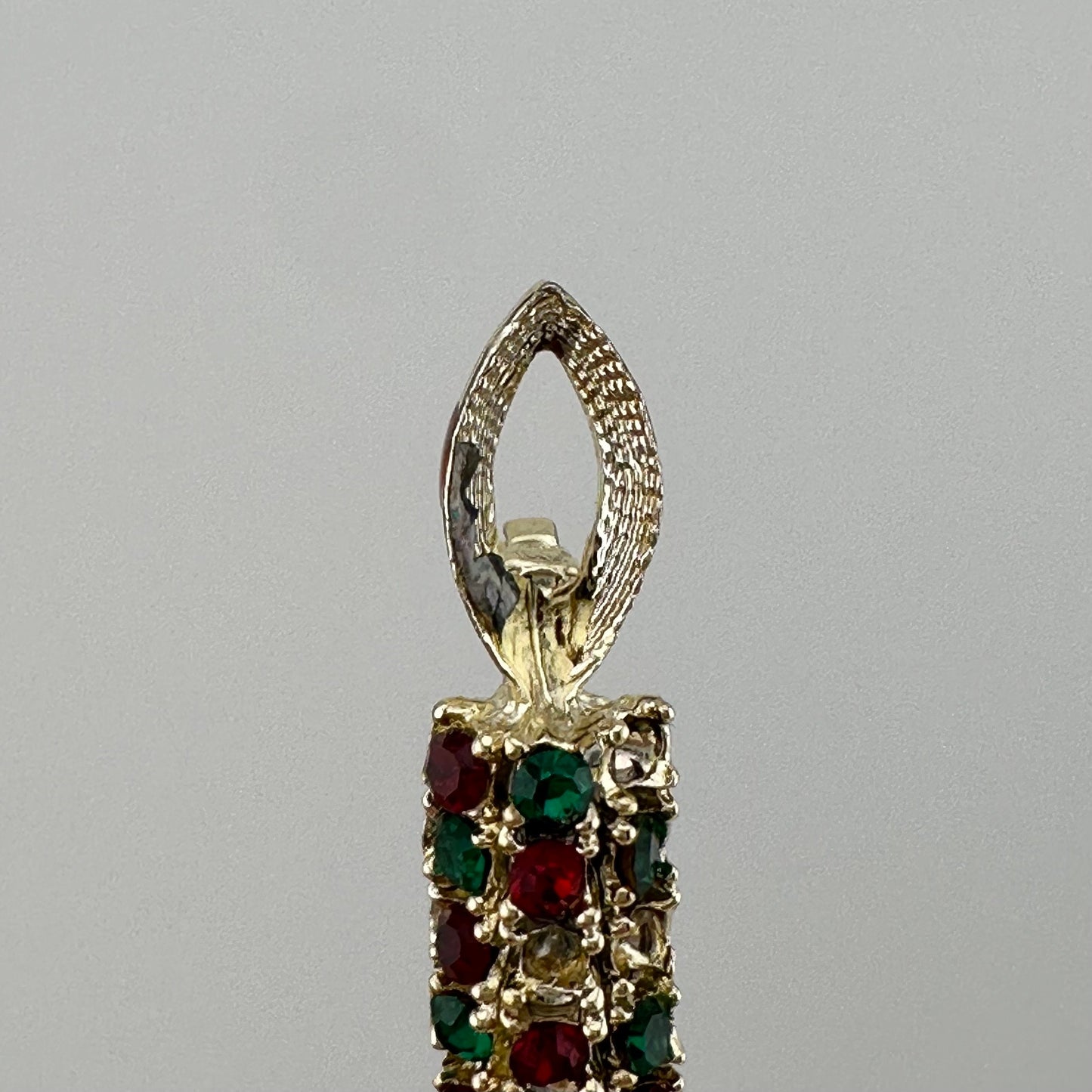 Vintage Candlestick Brooch, Red and Green Rhinestones, Gold Tone, Made by Dodde.