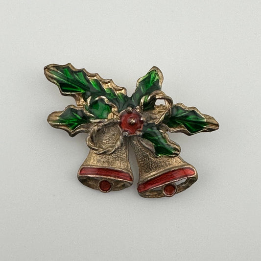 Vintage Enamel Christmas Bell Brooch with Holly Leaves.