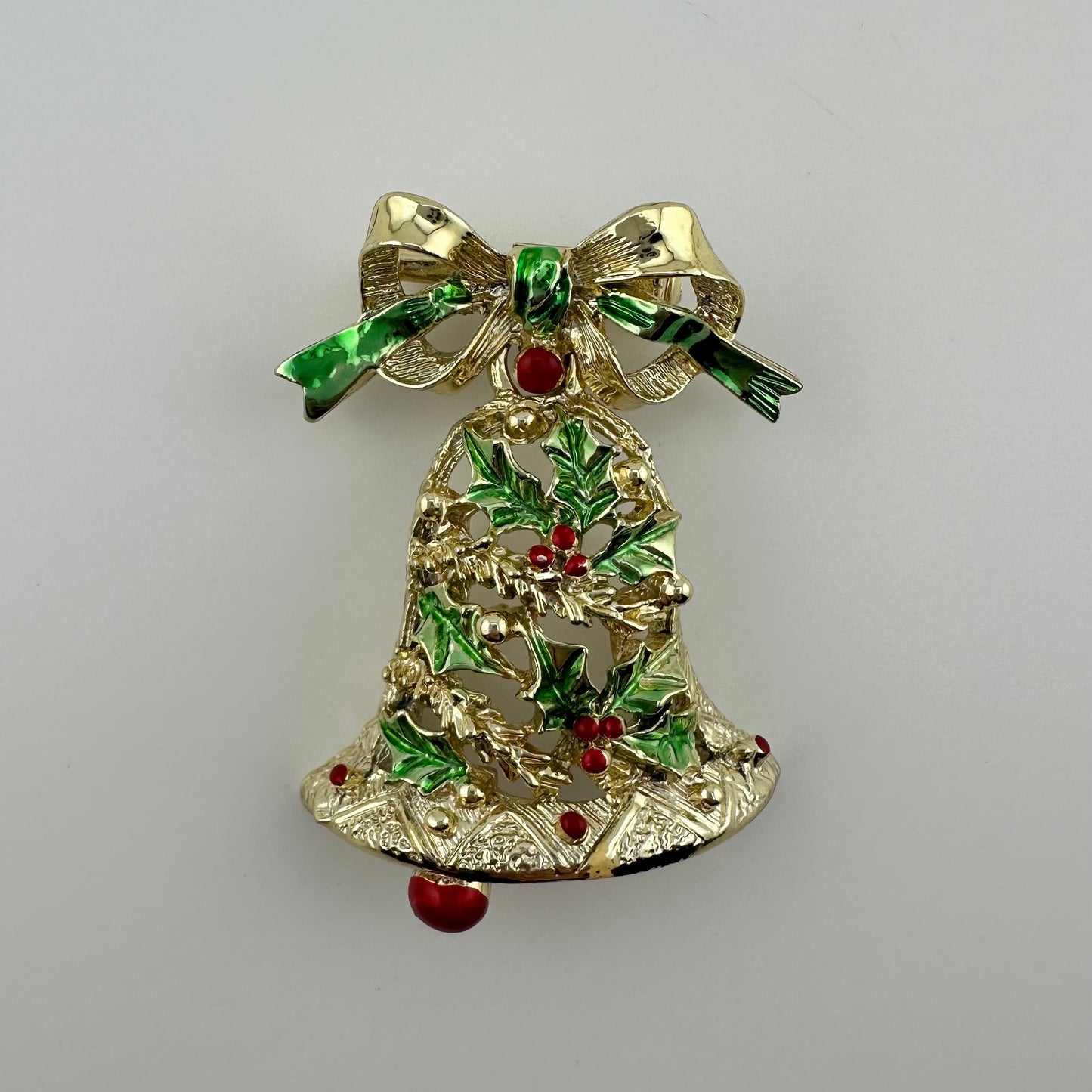 Vintage Christmas Bell Brooch, Gold Brass Enamel, Holly Leaves.