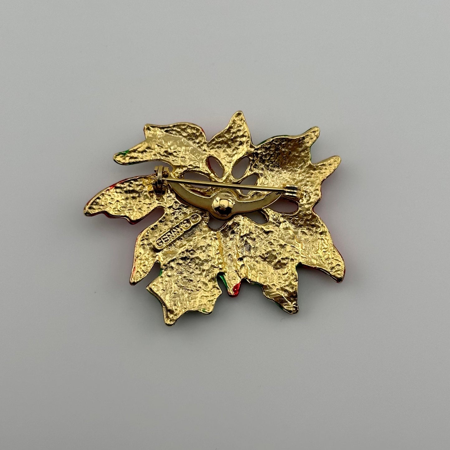 Vintage Christmas Poinsettia Brooch, Red and Green Enamel, Gold Tone.