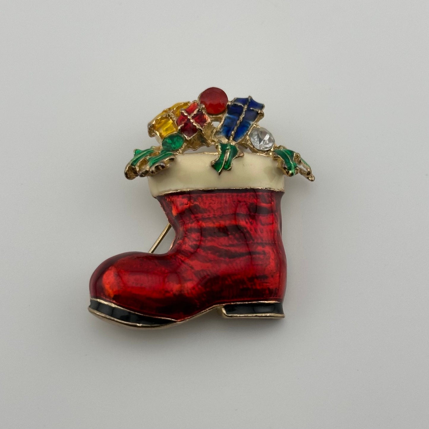 Vintage Christmas Boot Brooch in Red Enamel with Rhinestones.