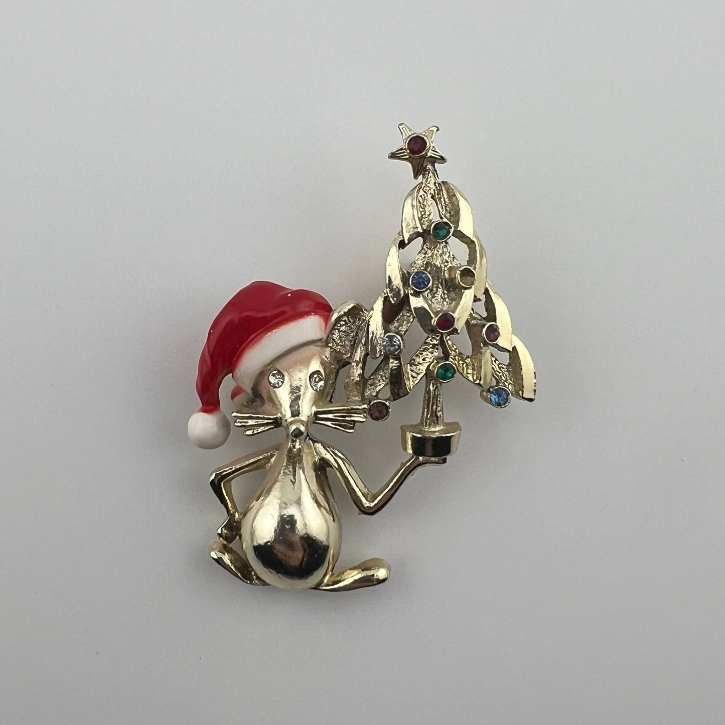 Vintage Brooch, Mouse with Santa Hat Holding Christmas Tree.