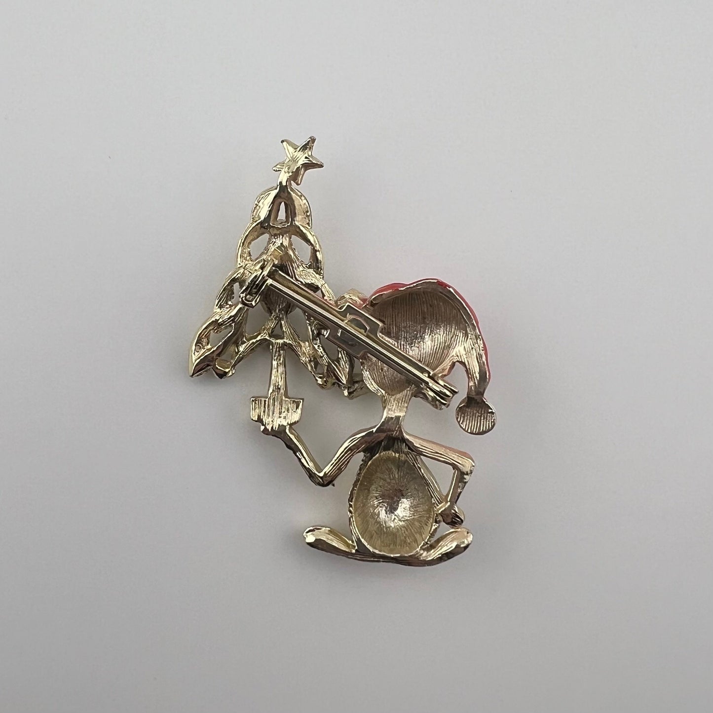 Vintage Brooch, Mouse with Santa Hat Holding Christmas Tree.