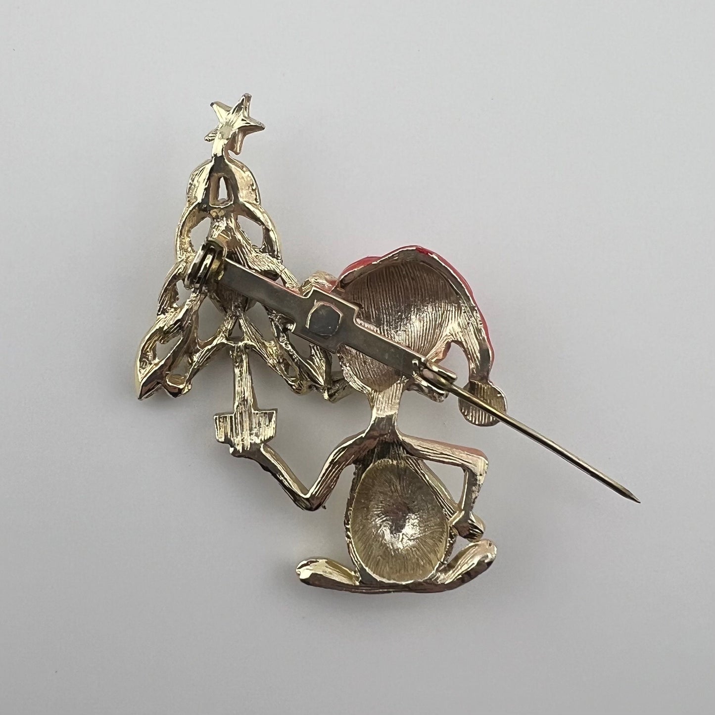 Vintage Brooch, Mouse with Santa Hat Holding Christmas Tree.