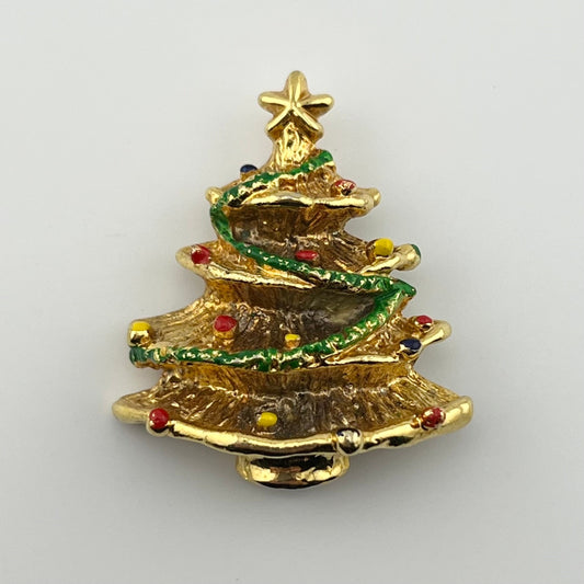 Vintage Brooch, Gold Tone Christmas Tree with Enamel Detail