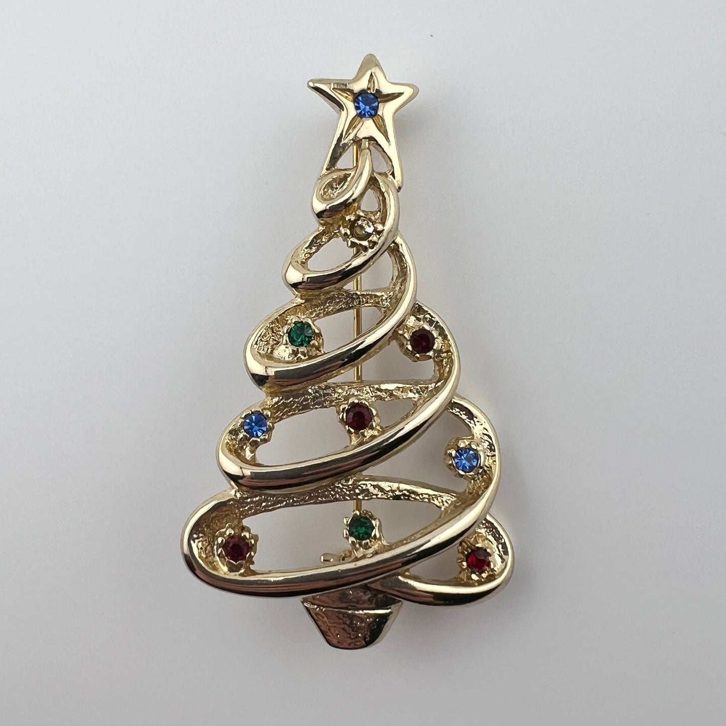Vintage Brooch, Gold Tone Christmas Tree with Red, Green, and Blue Rhinestones.