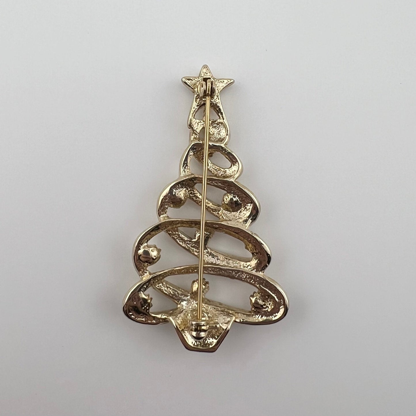 Vintage Brooch, Gold Tone Christmas Tree with Red, Green, and Blue Rhinestones.