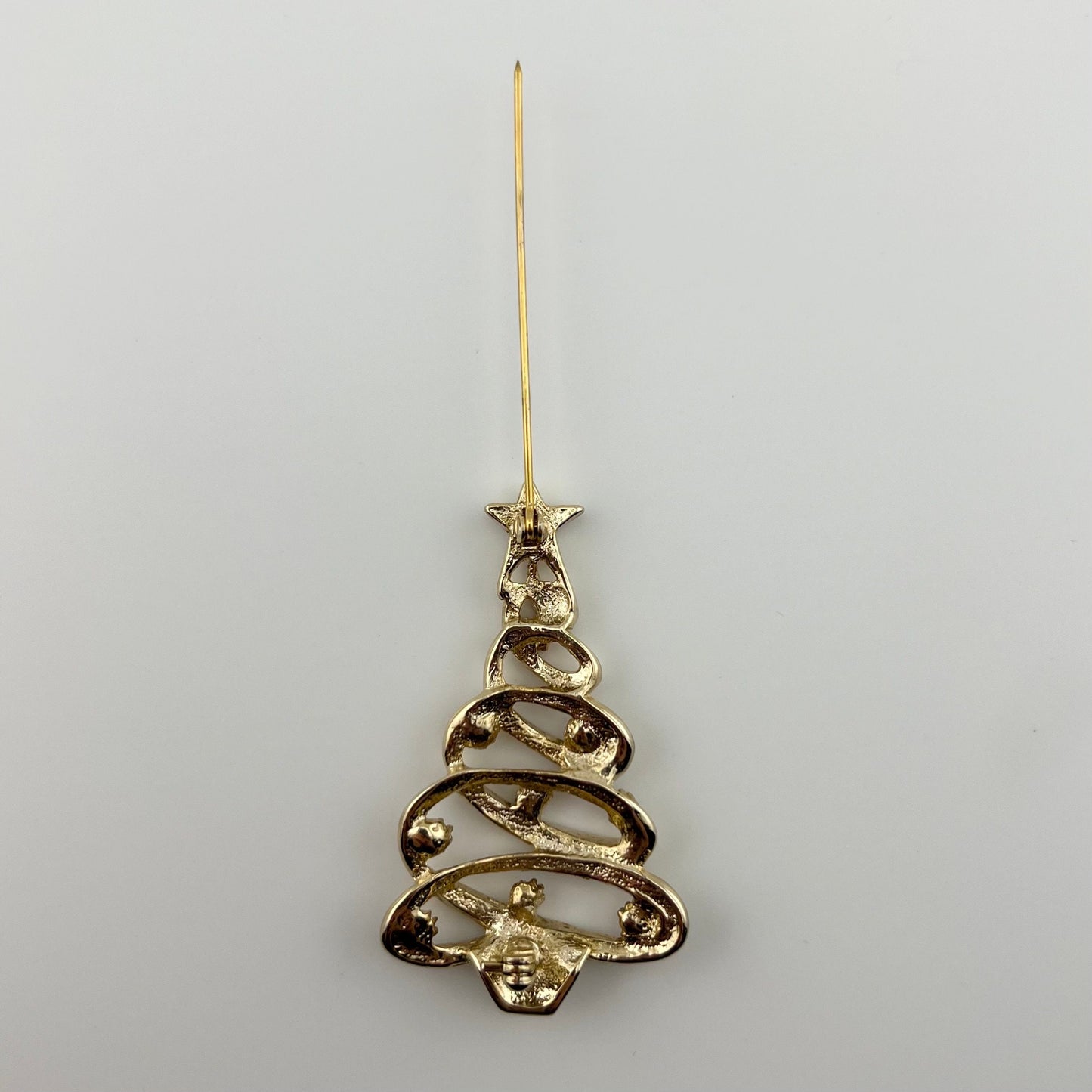 Vintage Brooch, Gold Tone Christmas Tree with Red, Green, and Blue Rhinestones.