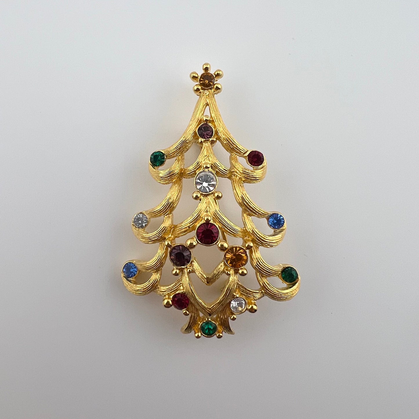 Vintage Brooch, Christmas Tree, Gold Tone, Rhinestone, Signed Monet.