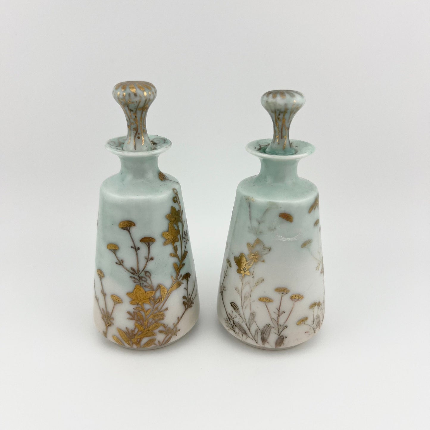 Vintage Perfume Bottles, Ceramic, Blue, Gold Floral Design, Set of 2.