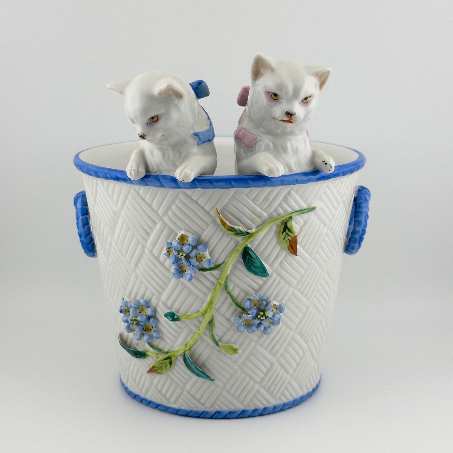 Vintage Planter, Cats in Floral Basket, White Porcelain, German.
