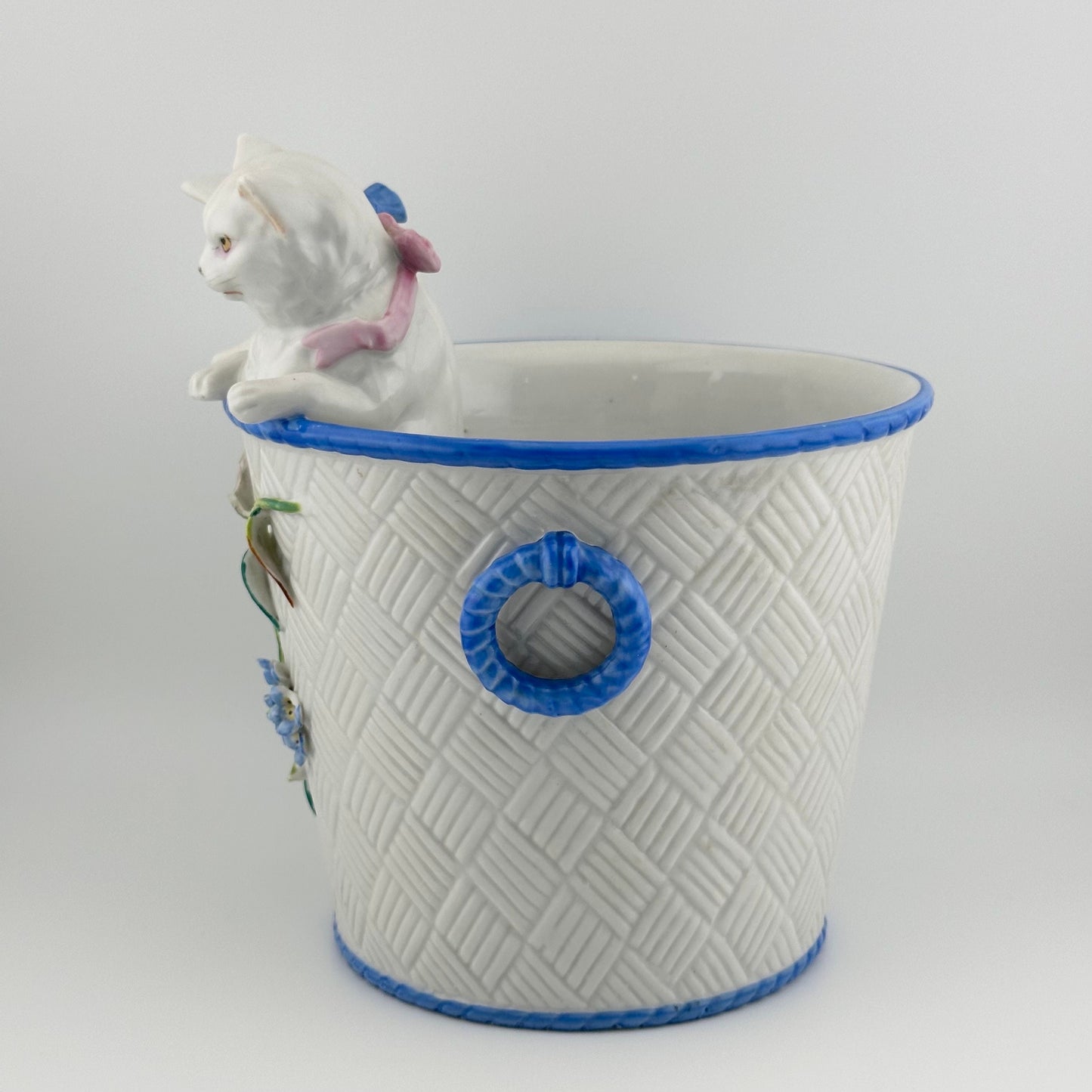 Vintage Planter, Cats in Floral Basket, White Porcelain, German.