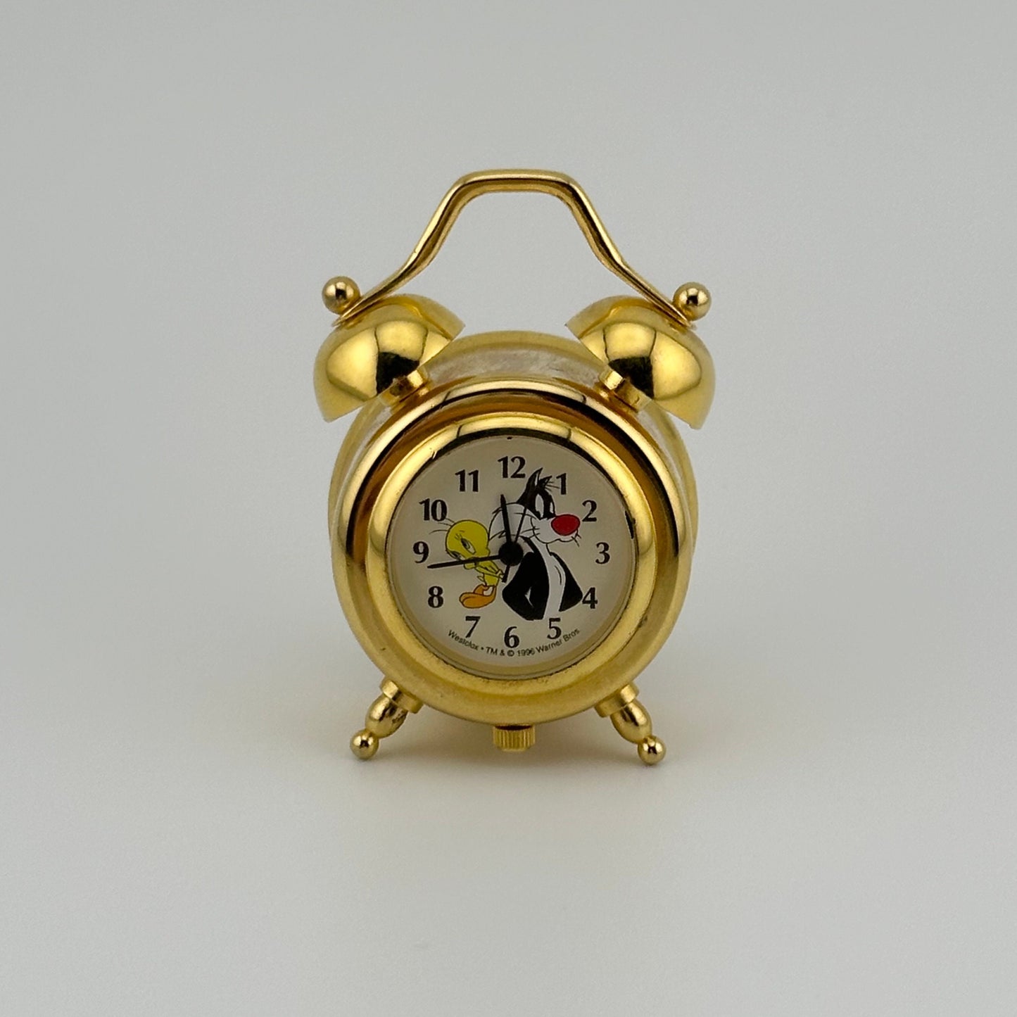 Vintage Looney Toons Mini Clock, Tweety Bird and Sylvester, Gold Tone.