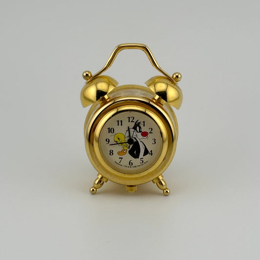 Vintage Looney Toons Mini Clock, Tweety Bird and Sylvester, Gold Tone.
