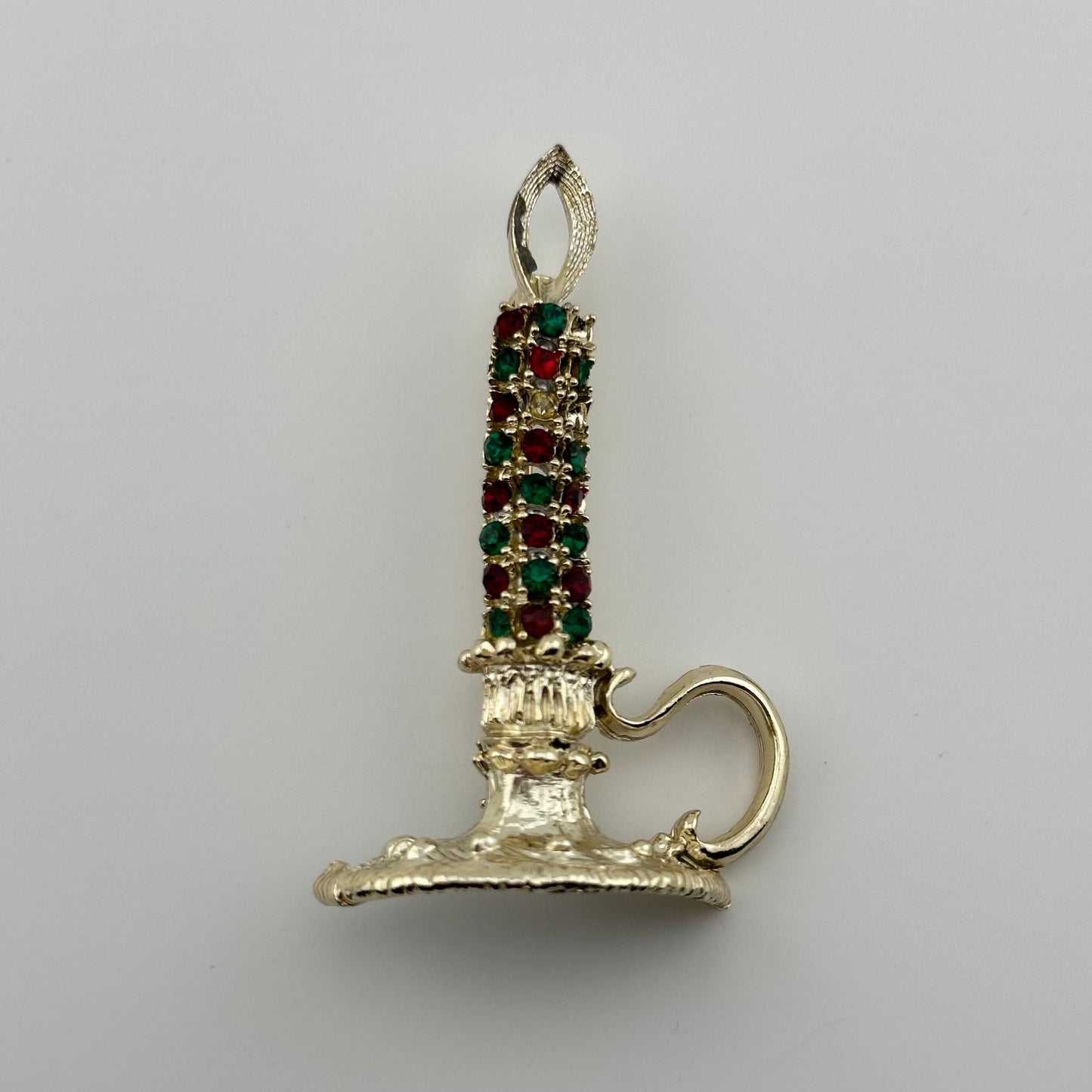 Vintage Candlestick Brooch, Red and Green Rhinestones, Gold Tone, Made by Dodde.