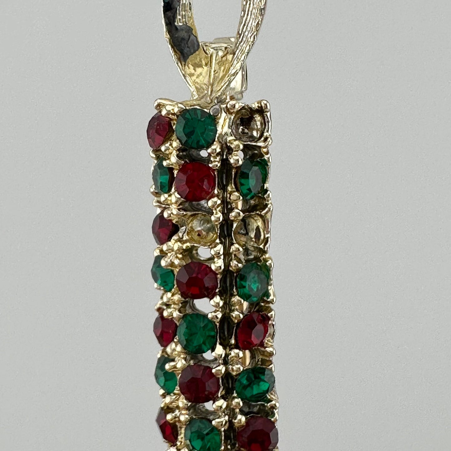 Vintage Candlestick Brooch, Red and Green Rhinestones, Gold Tone, Made by Dodde.