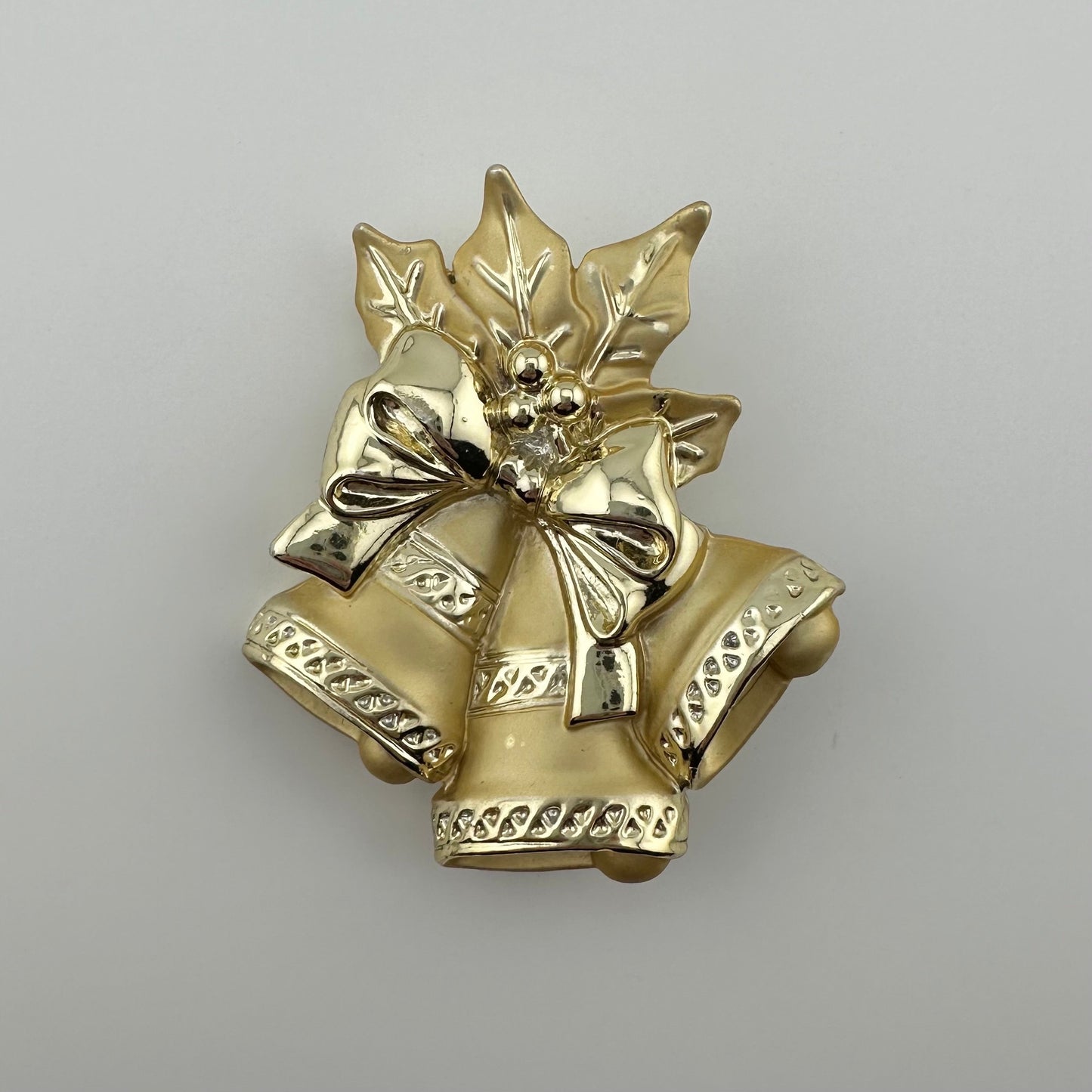 Vintage Christmas Bell Brooch, Gold Tone, 3 Bells, Ribbon, Holly Leaves.