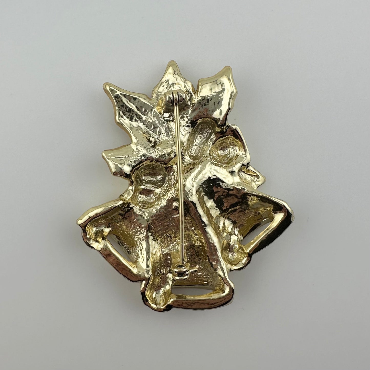 Vintage Christmas Bell Brooch, Gold Tone, 3 Bells, Ribbon, Holly Leaves.