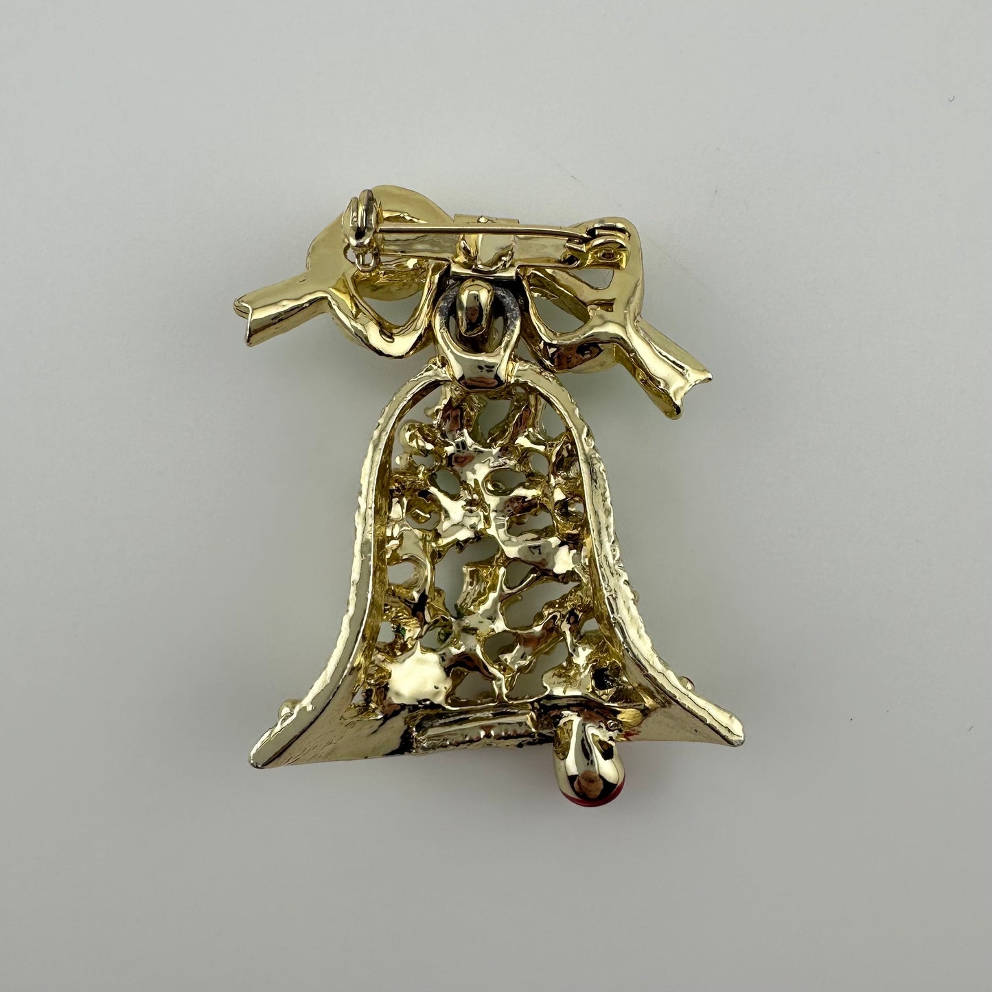 Vintage Christmas Bell Brooch, Gold Brass Enamel, Holly Leaves.